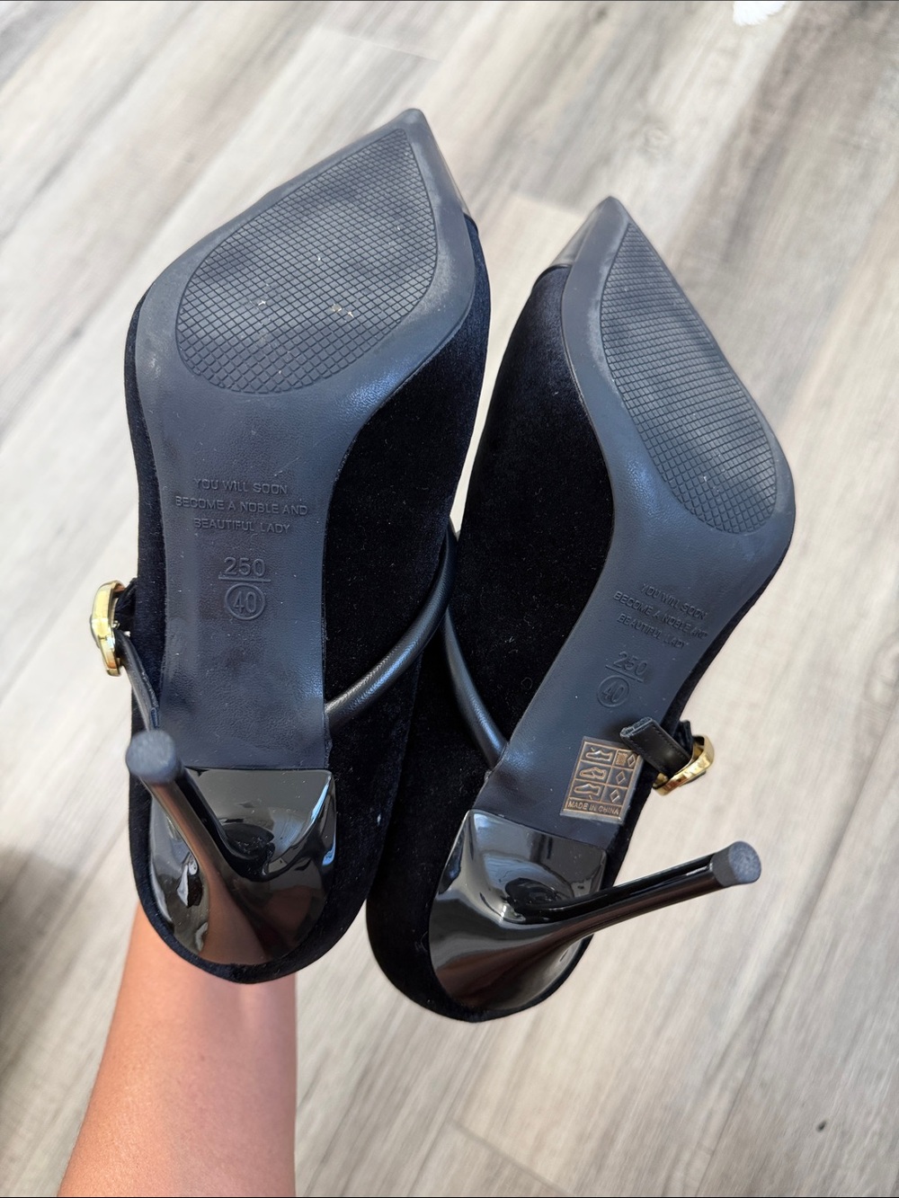 Black Pointed-Toe Stiletto Pumps with Gold Buckle - Picture 5 of 5